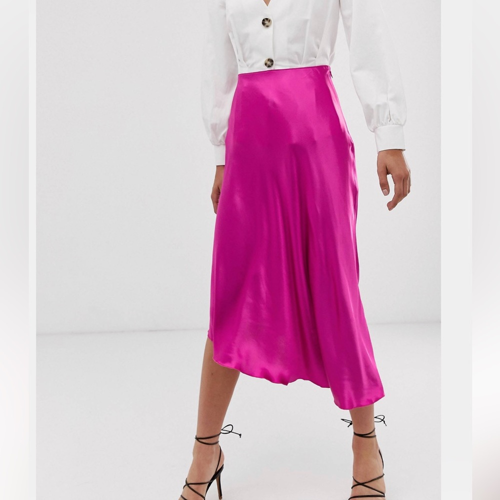 & OTHER STORIES Satin Asymmetrical Hem Midi Skirt in hot pink fuchsia - Picture 2 of 7